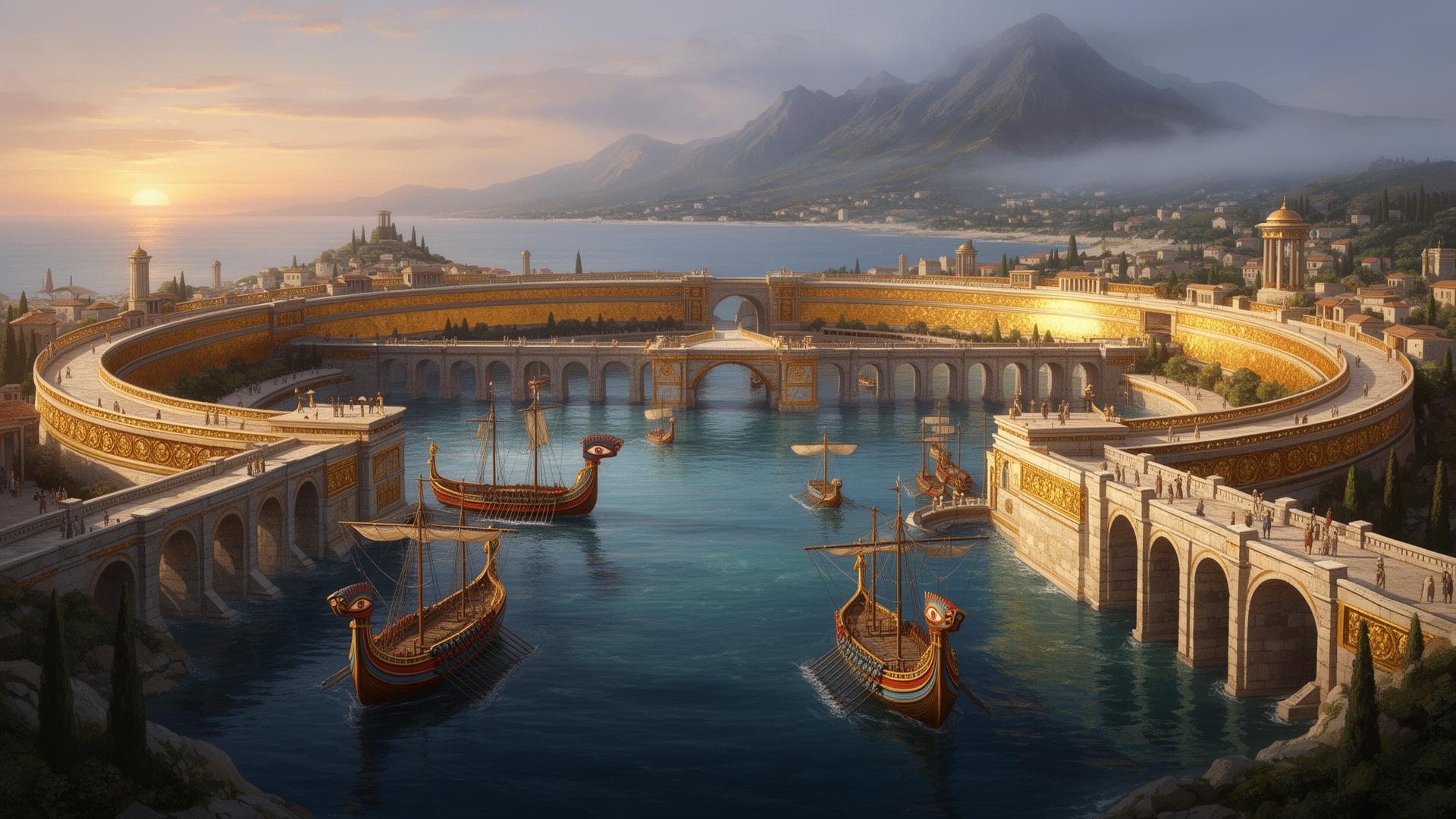 The concentric harbor of Atlantis at dawn, gold-clad walls along the inner rings, triremes with painted eyes on the prows passing under bridge-tunnels, mountains in the distance.