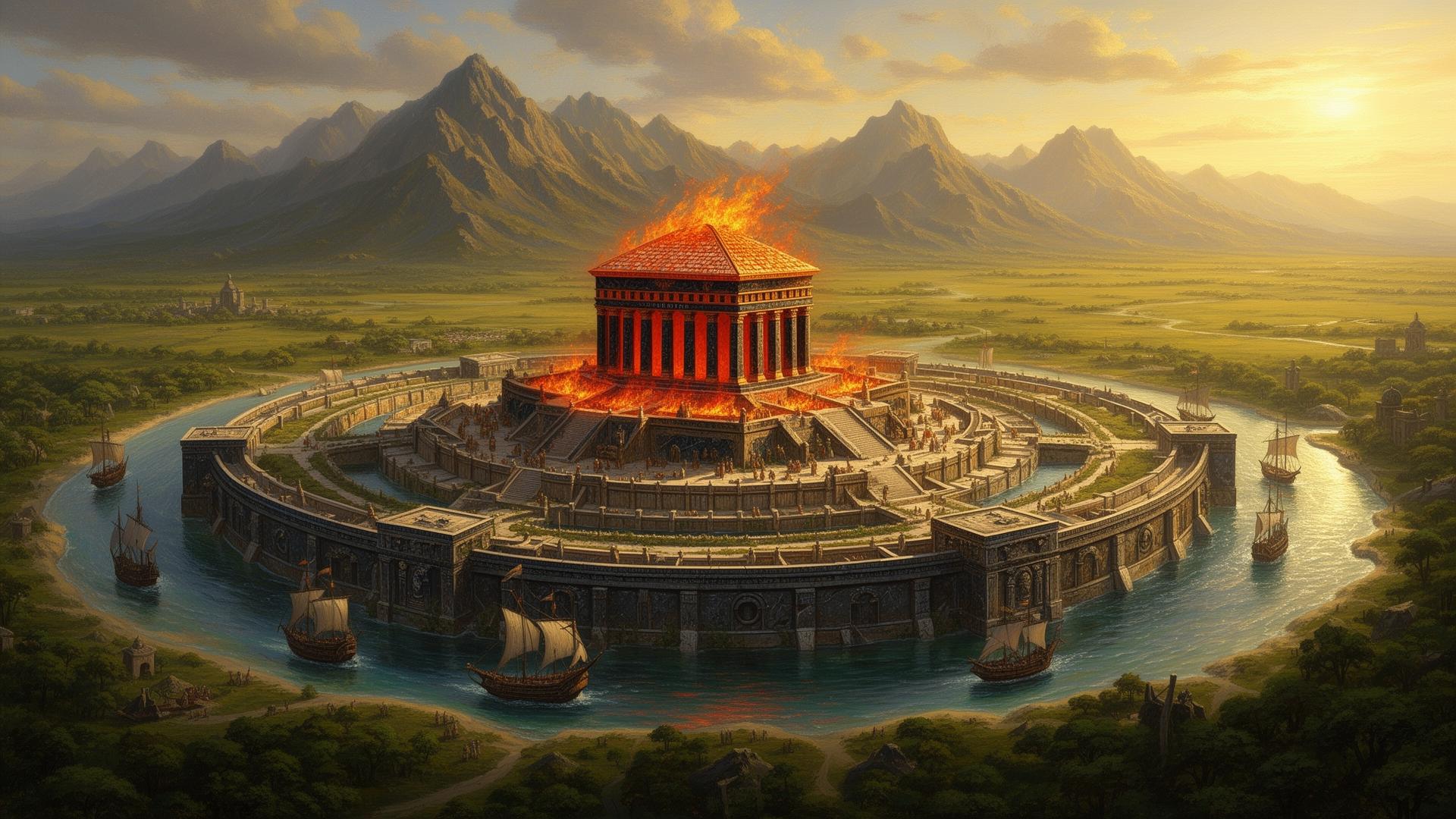 Mythic concentric-rings city of Atlantis as described in Plato's Critias, central temple of Poseidon roofed in orichalcum that glows like fire, mountains behind, ships in the canals.