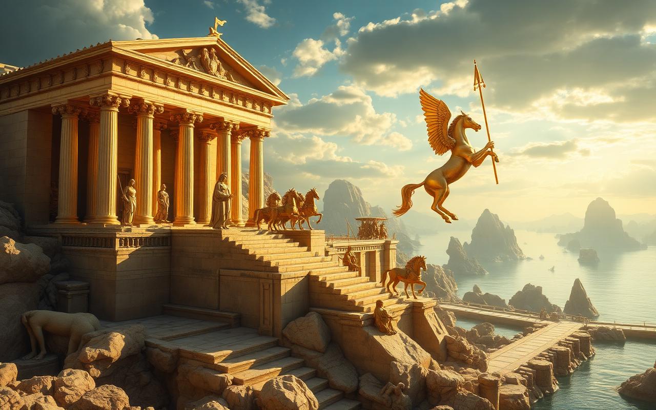 Detail of the mythic central acropolis of Atlantis, the temple of Poseidon clad in gleaming orichalcum bronze-gold, statues of Poseidon in his sea-horse chariot, ceremonial water channels.