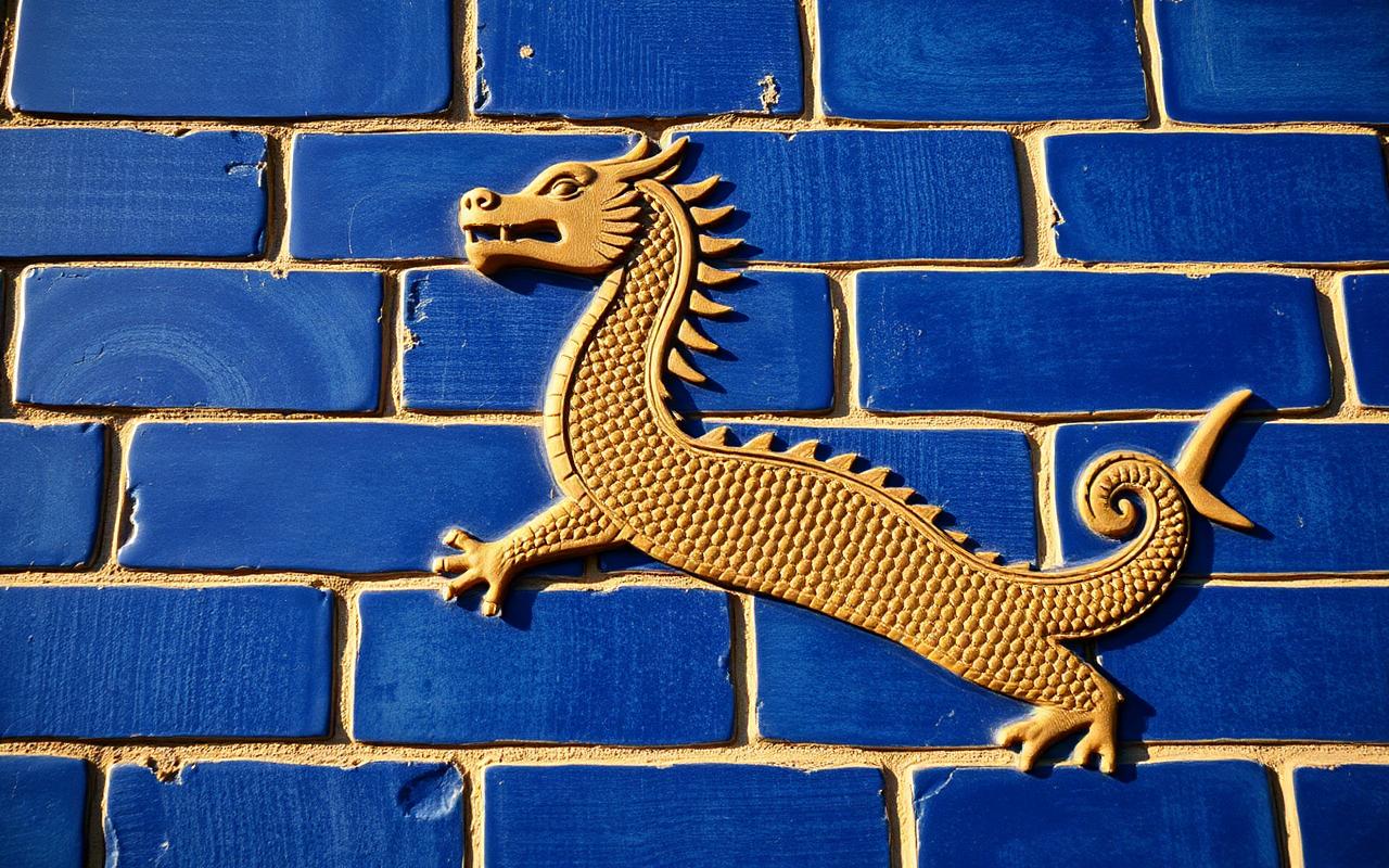 Close-up detail of the Ishtar Gate of Babylon, lapis-blue glazed brick wall with a striding golden muΕ‘αΈ«uΕ‘Ε‘u dragon relief.