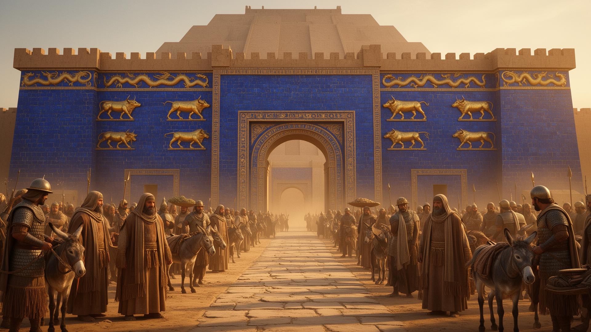 The Ishtar Gate of Babylon at golden hour with blue glazed-brick walls, gold aurochs and dragons, Etemenanki ziggurat behind, a crowded Processional Way.