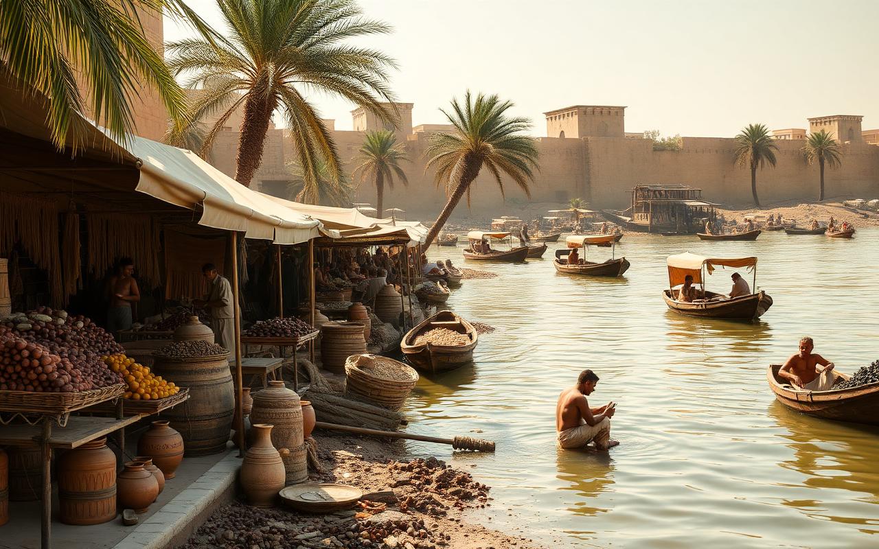 Riverside market on the Euphrates quay with reed boats, date palms, vendors, and a seated scribe pressing cuneiform into a clay tablet.
