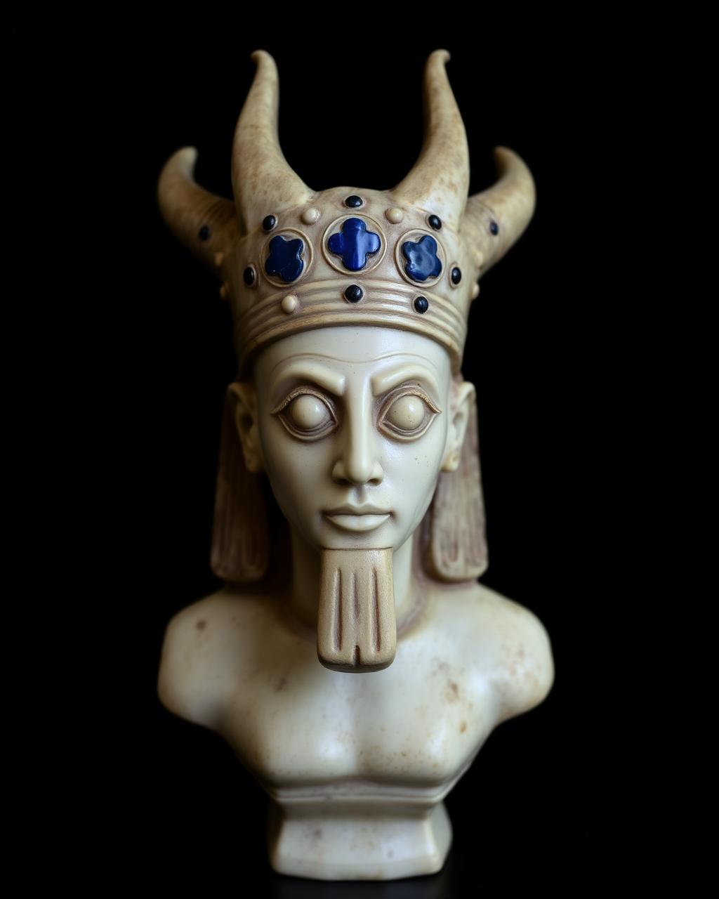 Sumerian deity bust with horned crown and inlaid eyes.