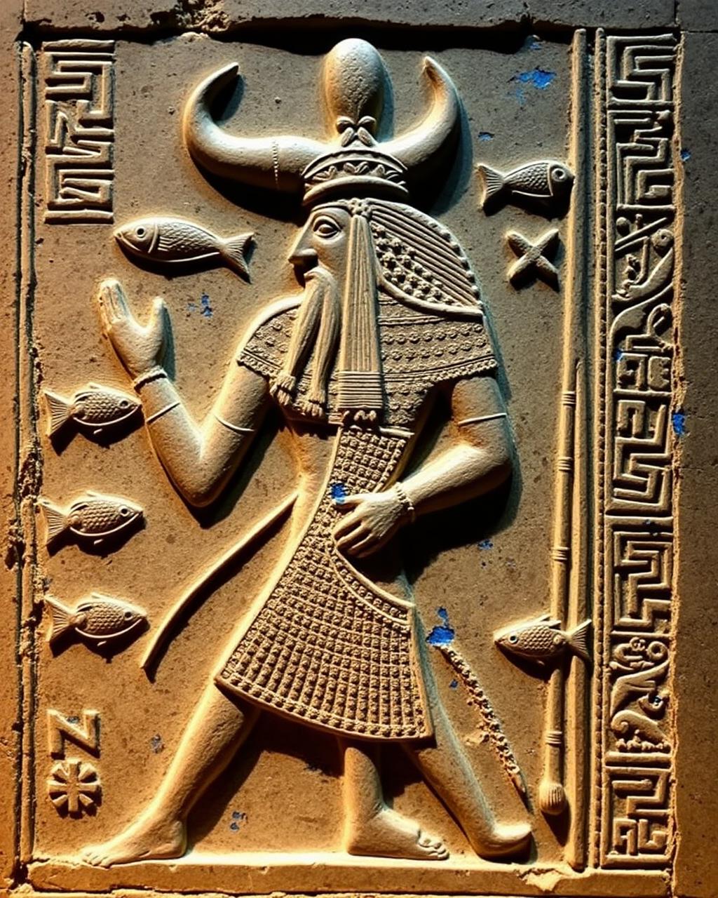 Carved relief of Enki with streams of water flowing from his shoulders.