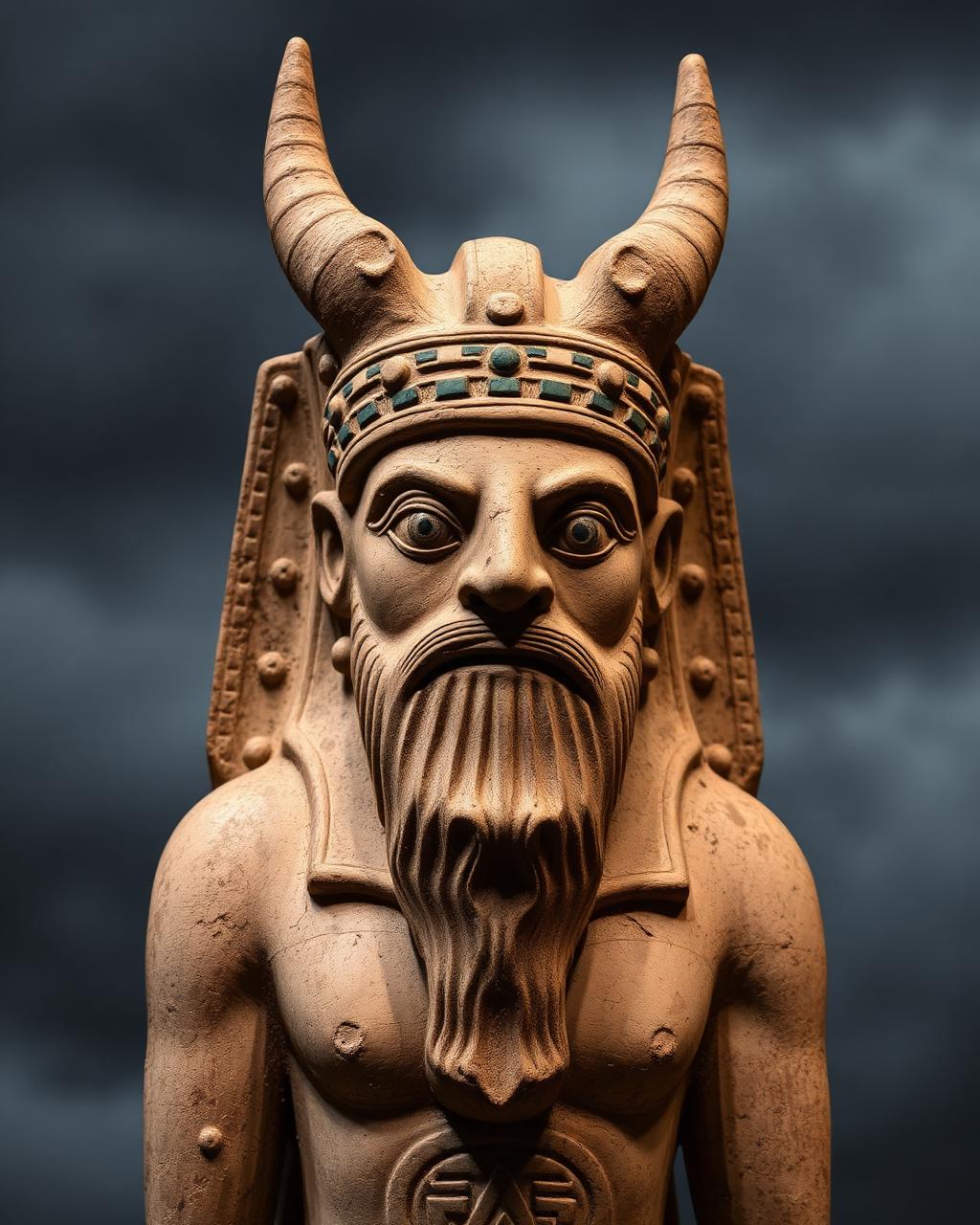 Statue of a horned, bearded Sumerian god against a stormy sky.