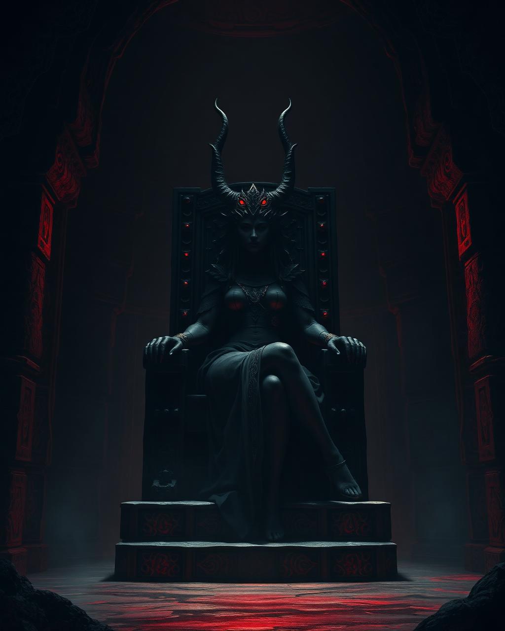 Underworld goddess seated on a dark throne in a cavernous hall.
