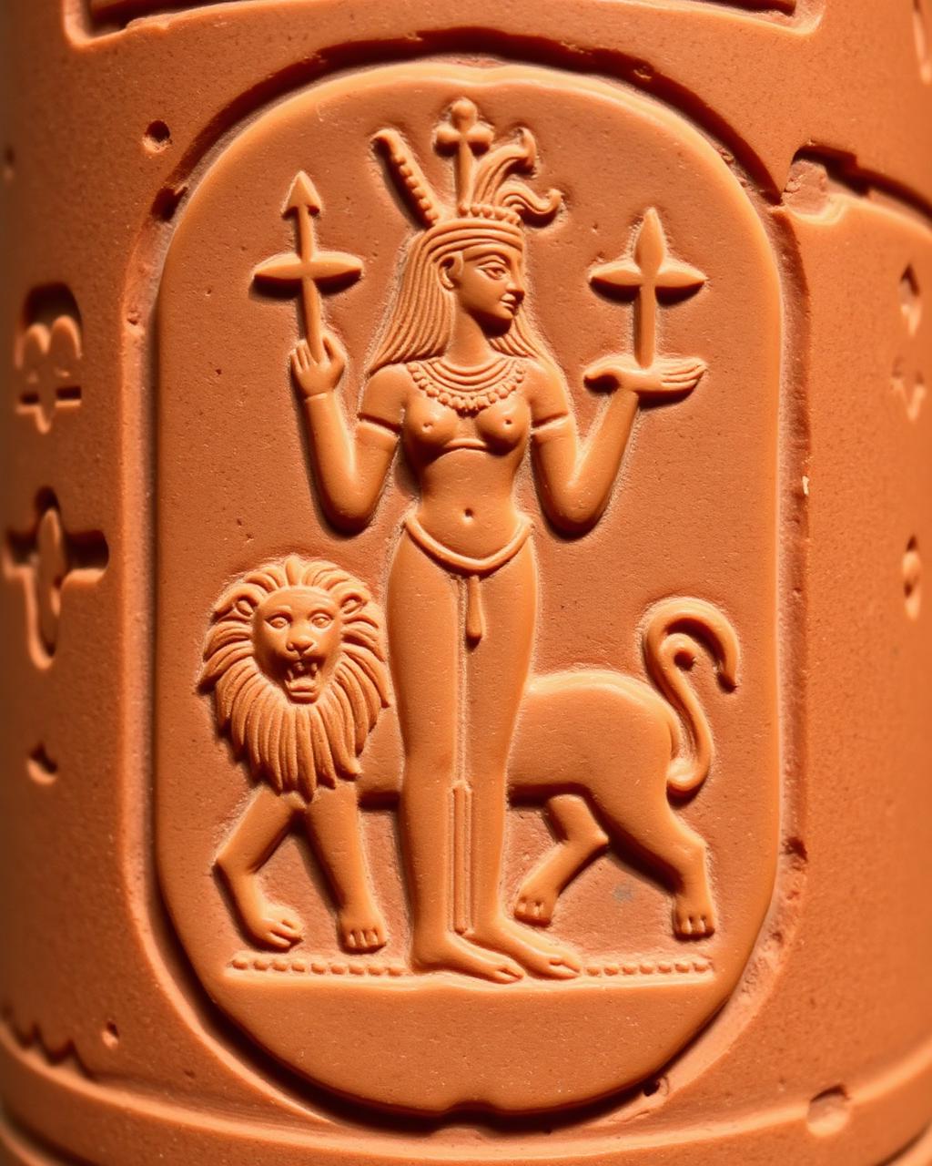 Cylinder seal impression of Inanna with lion and eight-pointed star.