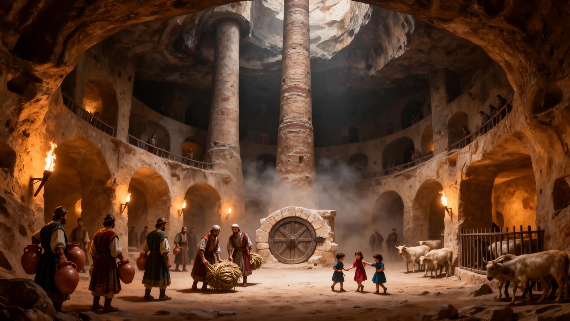 Vast torch-lit underground hall in Derinkuyu with a tall ventilation shaft, people in Byzantine-era dress, a stone rolling-door, and stabled cattle.