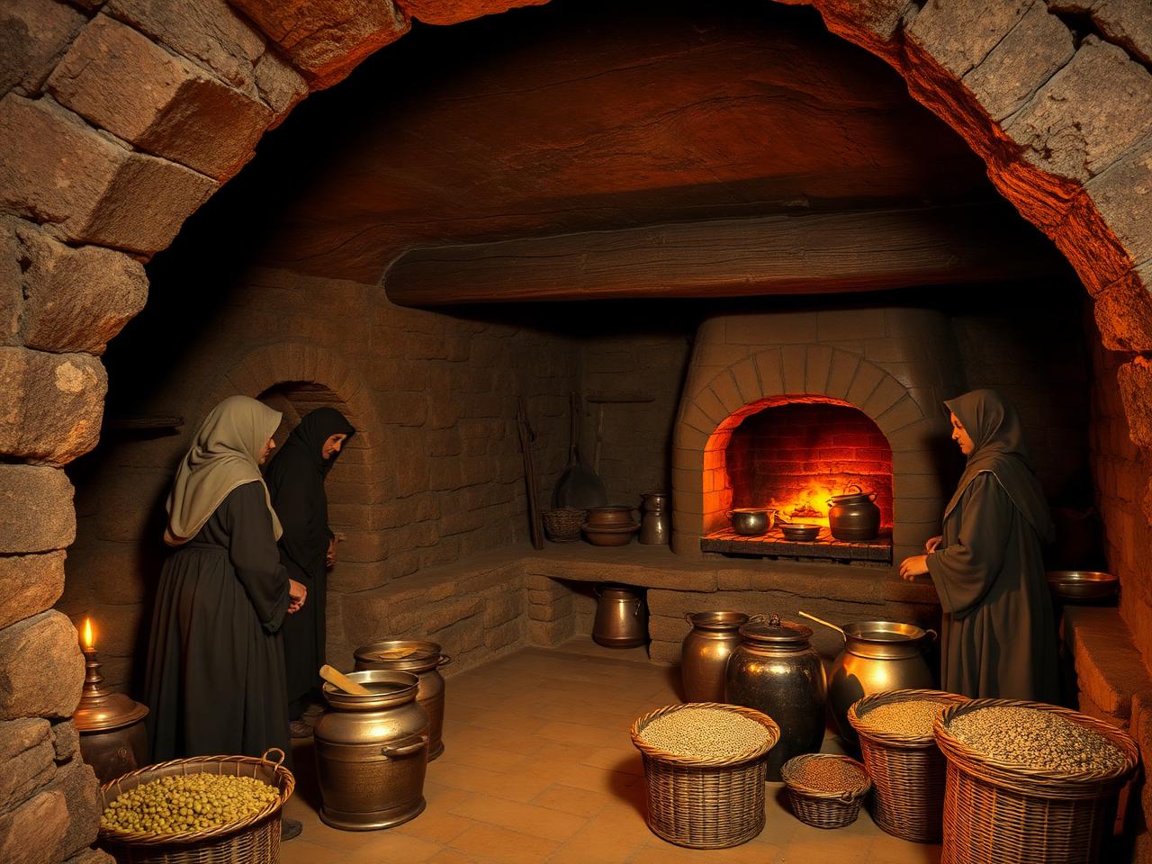 Subterranean kitchen with a clay oven glowing, women in long woolen tunics tending pots and grain baskets.