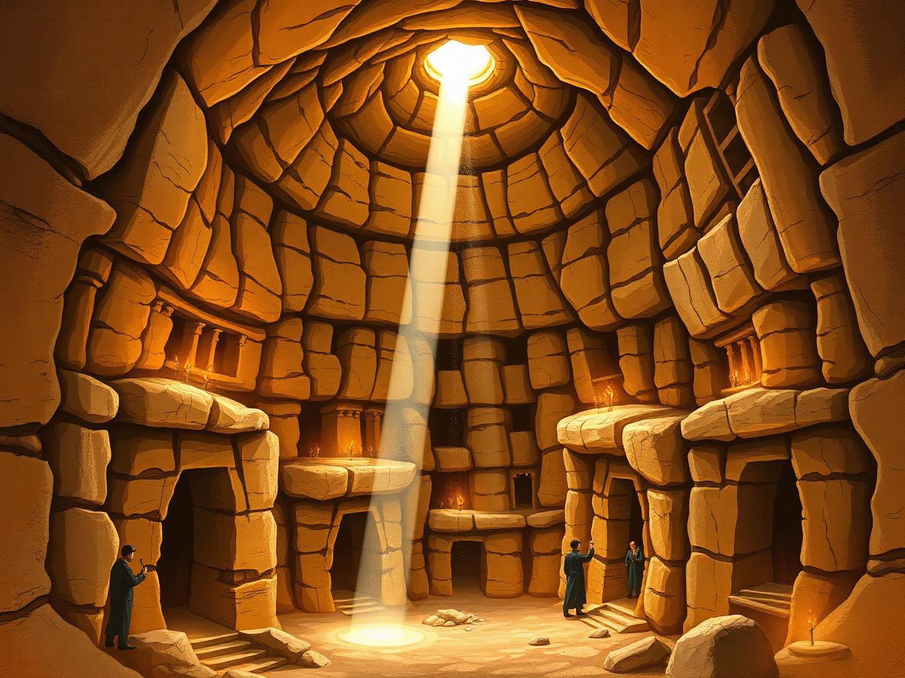 Cross-section of a deep vertical ventilation shaft with sunlight piercing down through multiple stone levels.