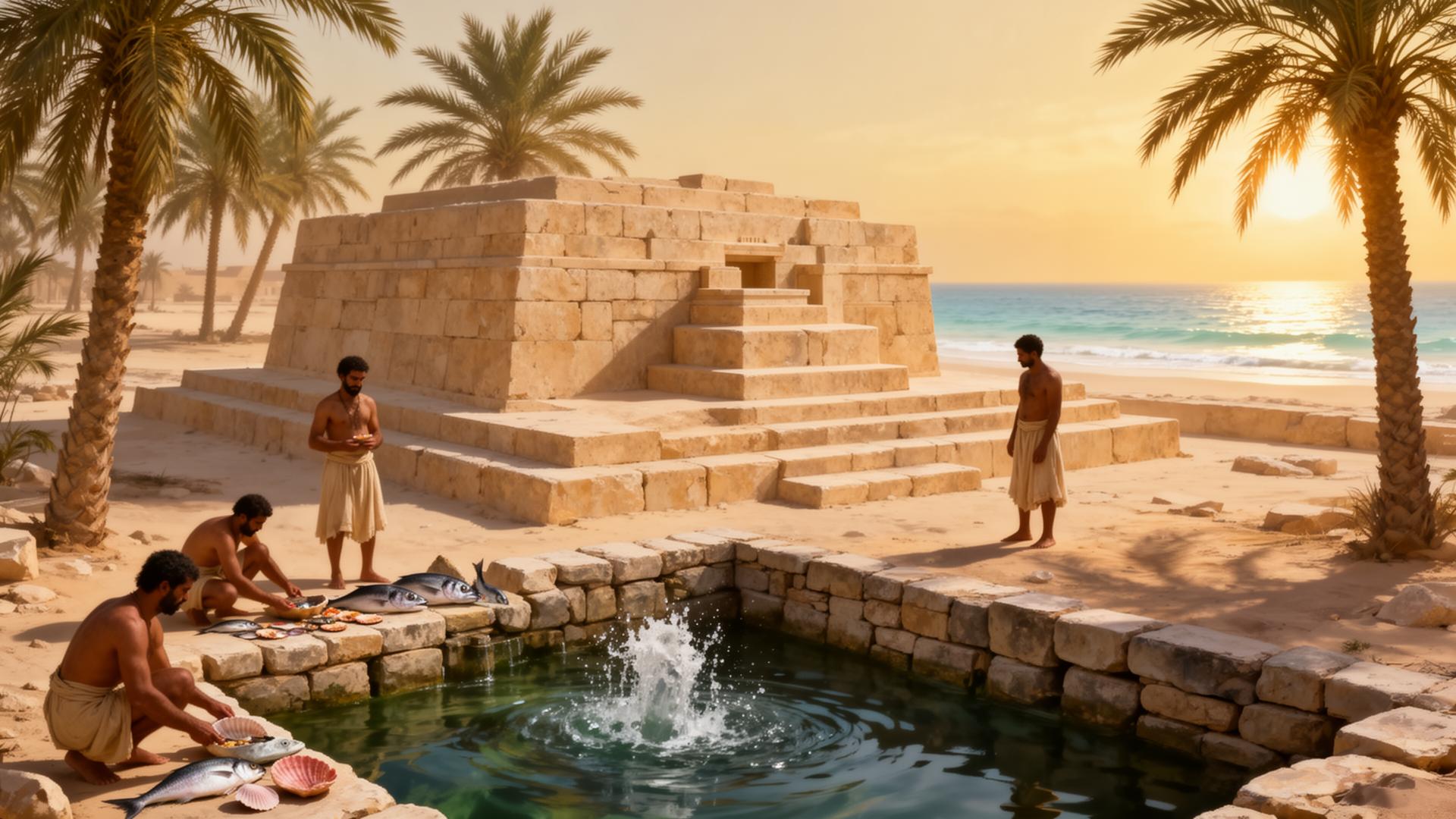 The Barbar Temple on ancient Dilmun (Bahrain), c. 2000 BCE: a limestone platform with a stepped altar above a stone-lined freshwater spring pool, worshippers laying offerings of fish and shell, date palms and the Persian Gulf in the background.