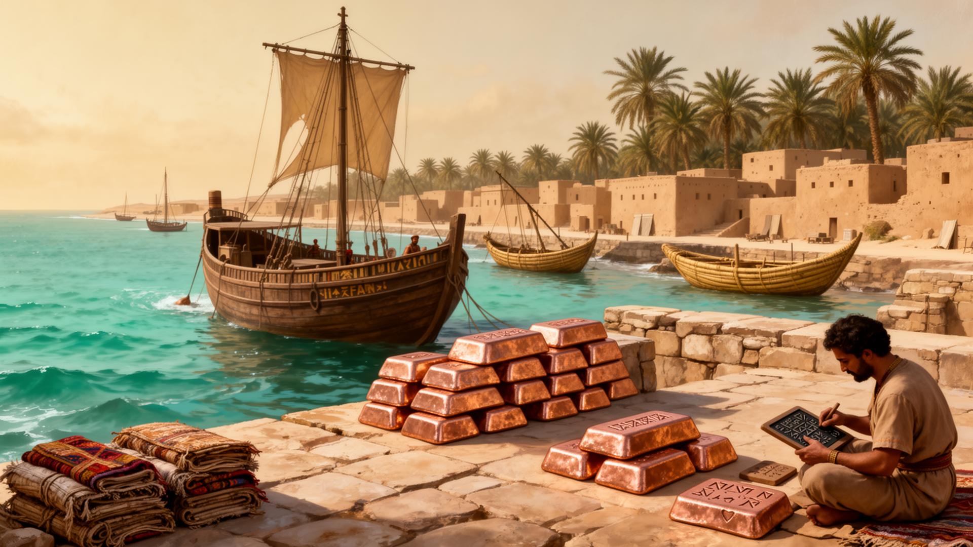The harbor of Qal'at al-Bahrain on ancient Dilmun, c. 2000 BCE: a Sumerian merchant ship at a stone quay, oxhide copper ingots from Oman stacked on the dock, a seated scribe pressing cuneiform into a wet clay tablet, reed boats, palm-shaded mudbrick town.