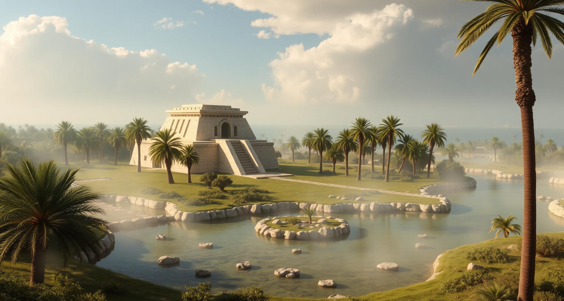 Mythic Sumerian paradise of Dilmun: a lush island with palm groves, freshwater springs bubbling into clear pools, a small white limestone shrine, Persian Gulf coastline.