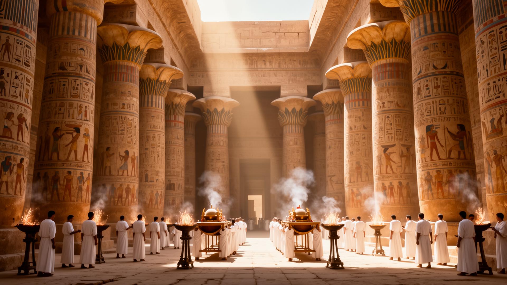 The Great Hypostyle Hall at Karnak temple with brilliantly painted papyrus-bundle columns, shafts of sun, priests with incense.