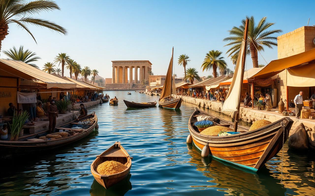 Riverside market at Thebes with reed boats, vendors of papyrus and lotus and bread, mudbrick houses, the pylons of Luxor temple visible across the Nile.