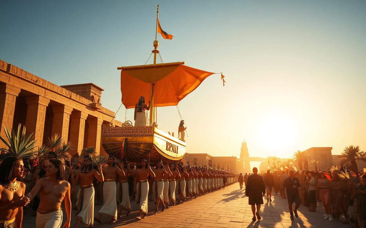 The Opet Festival procession, the gilded barque of Amun-Ra carried by priests along the sphinx-lined avenue between Karnak and Luxor temples.