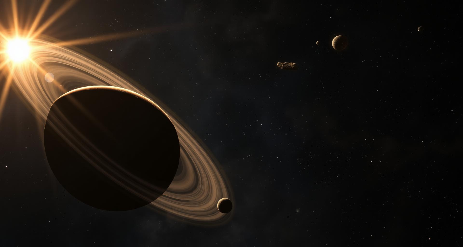 A speculative illustration of a dark ringed planet on a long elliptical orbit through the inner solar system, the small distant sun and a few moons, illustrated as fantasy.