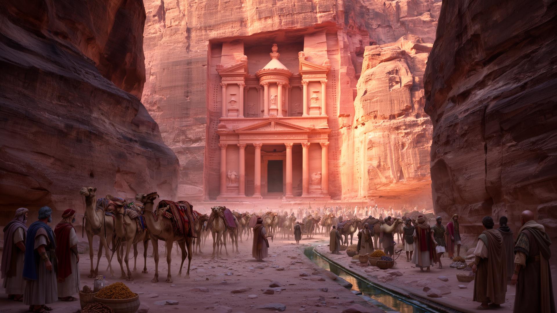 The Treasury of Petra glowing rose-gold at the end of the Siq, with a caravan of laden camels and Nabataean traders in the foreground.
