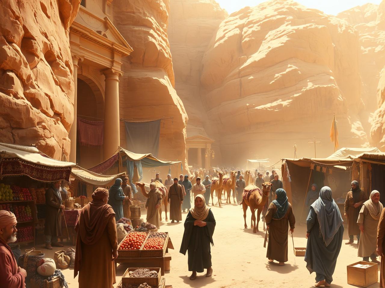 Bustling Nabataean marketplace with vendors of fruit, cloth, and spices, camels and traders in mixed dress.