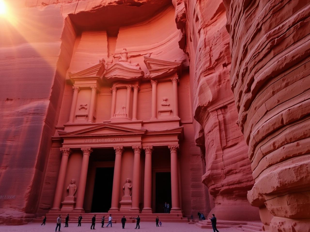 The Treasury of Petra carved into a sandstone cliff, Hellenistic columns and pediment glowing in golden hour light.