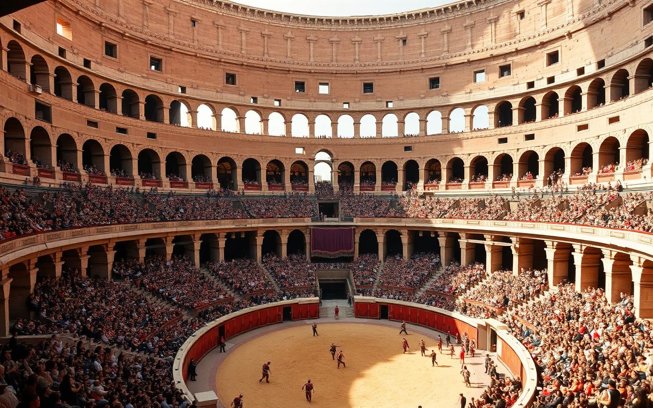 Interior of the Colosseum packed with 50,000 Roman spectators in tiered seats, a vast colored velarium awning above, gladiators on the sand-strewn arena floor.