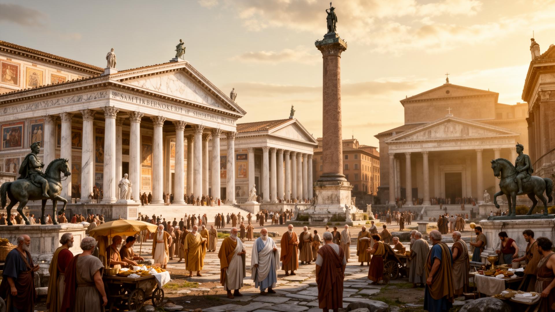 The Roman Forum at the peak of the Empire under Trajan, marble basilicas, equestrian statues, togate senators, Trajan's Column rising in the background.