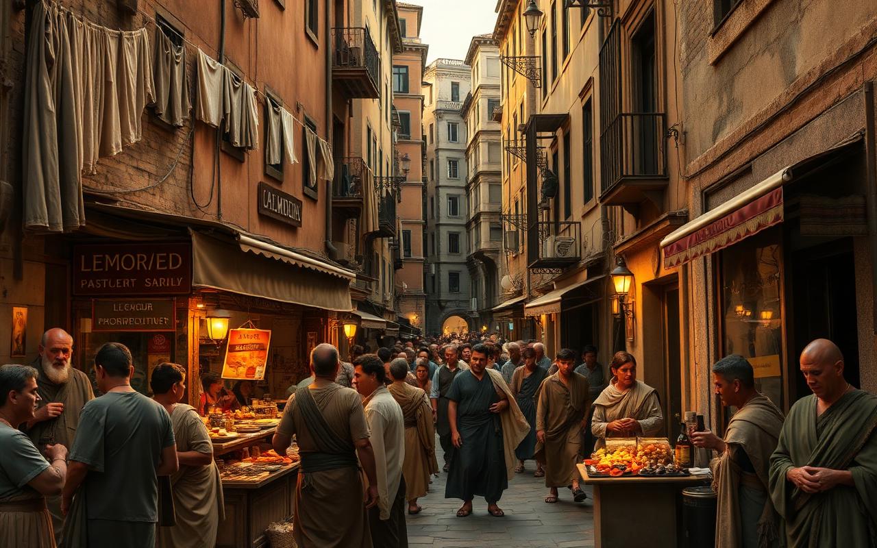 A narrow Subura street between five-story insula apartment blocks with laundry hanging from windows, a thermopolium fast-food bar, plebeians haggling.
