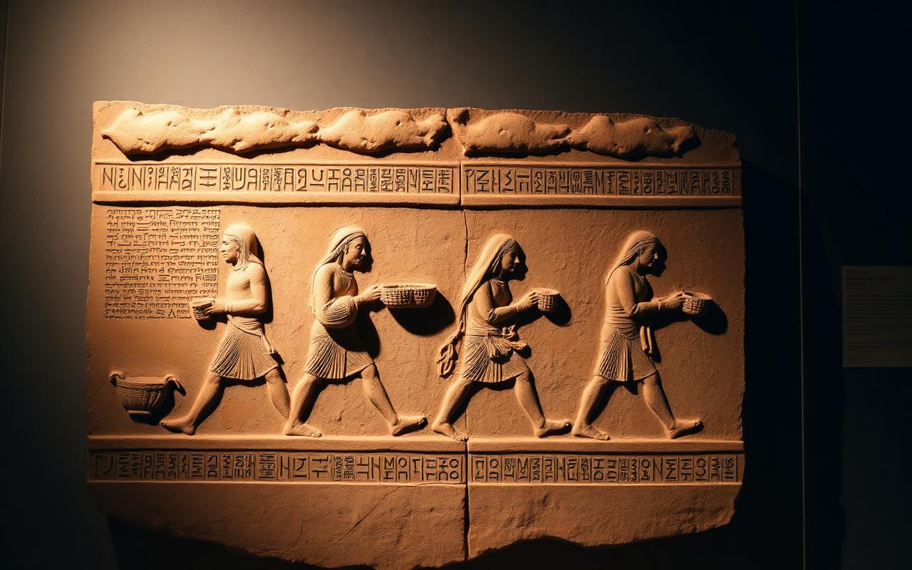 Mesopotamian relief of laboring figures carrying baskets, with cuneiform inscription.