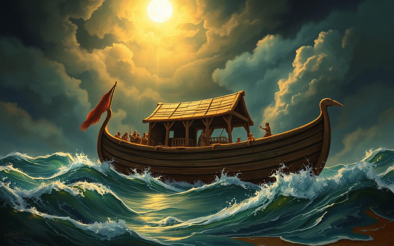 Mesopotamian flood scene: an ancient ark on turbulent waters under stormy skies.