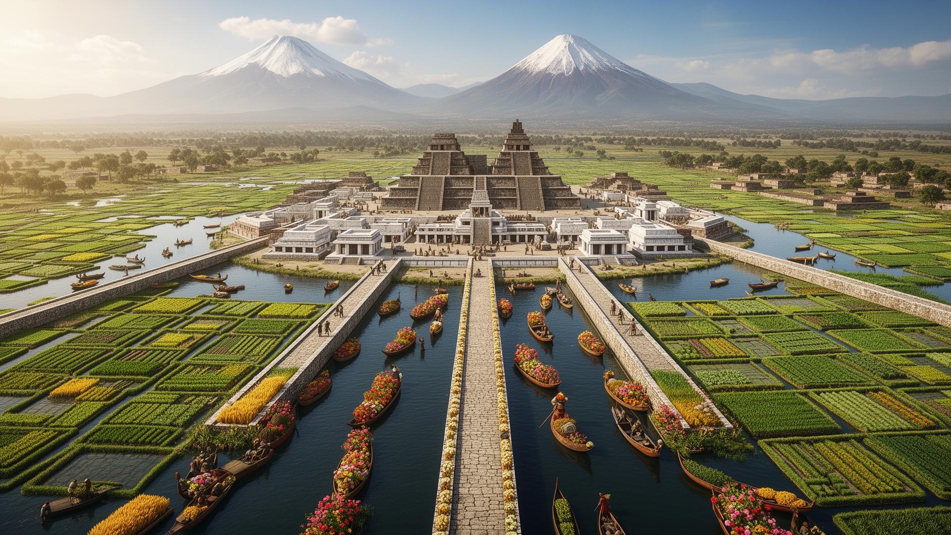 Aerial view of Tenochtitlán at peak: an island city in Lake Texcoco, three causeways radiating out, twin pyramids of the Templo Mayor at center, chinampa floating gardens, Popocatépetl on the horizon.