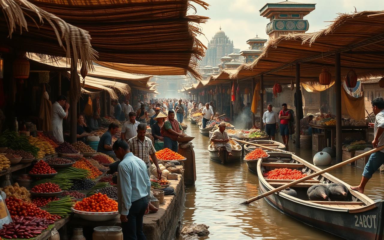 The great Tlatelolco market with thousands of traders under reed awnings selling maize, chiles, cacao, obsidian, quetzal feathers, woven cotton, frothing chocolate; canoes on the canals.