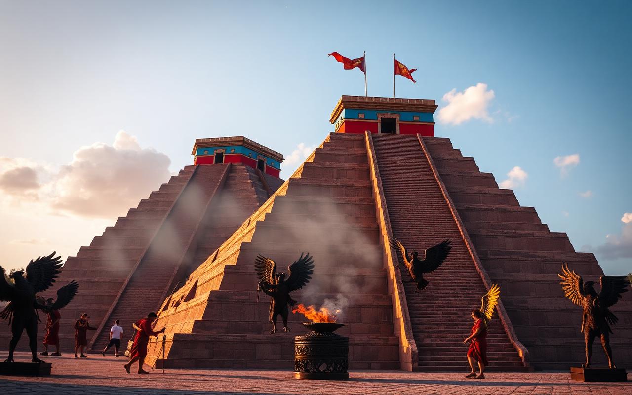 The twin pyramids of the Templo Mayor at Tenochtitlán seen from the sacred precinct, brilliantly painted red and blue, priests ascending with incense, eagle-warrior statues flanking.