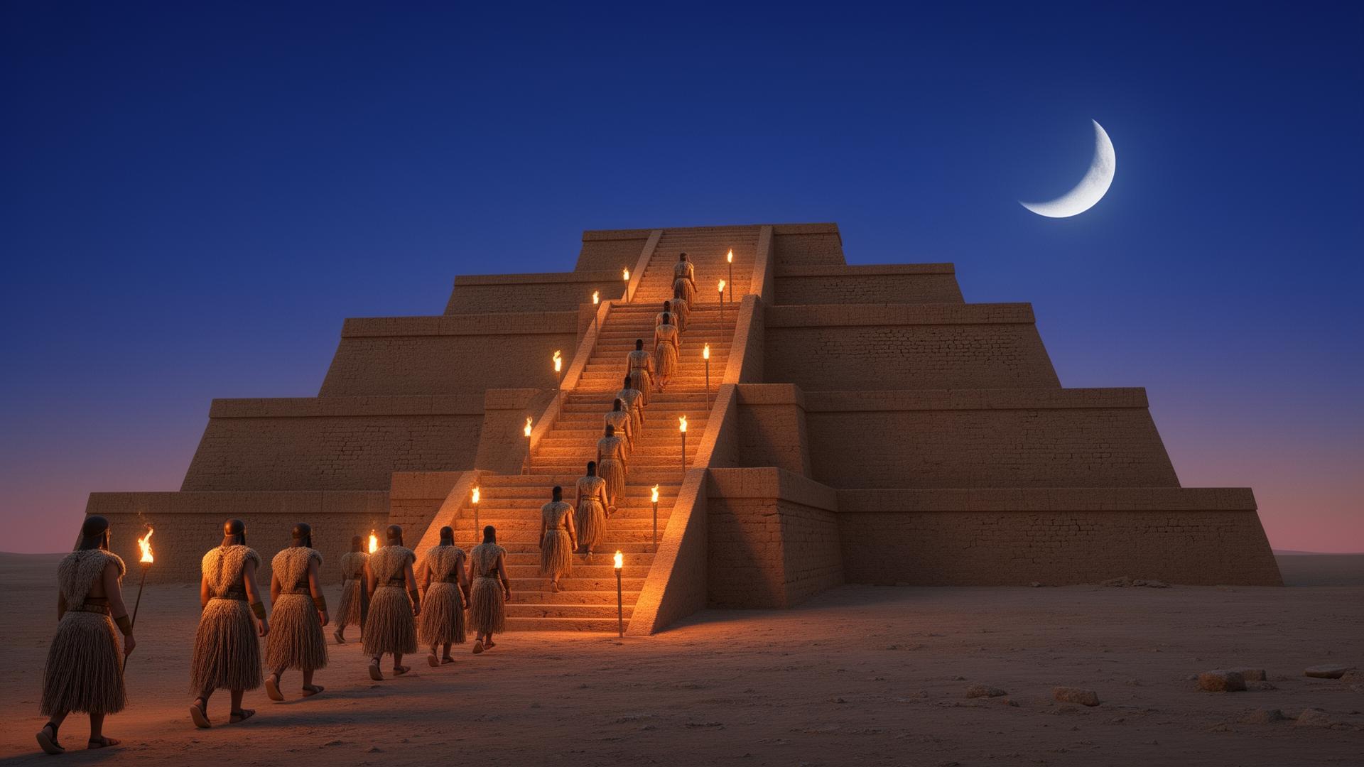 The Great Ziggurat of Ur at dusk, three colossal tiers of mudbrick, a triple processional staircase lit by torches, priests in fringed wool kaunakes climbing, a crescent moon above.