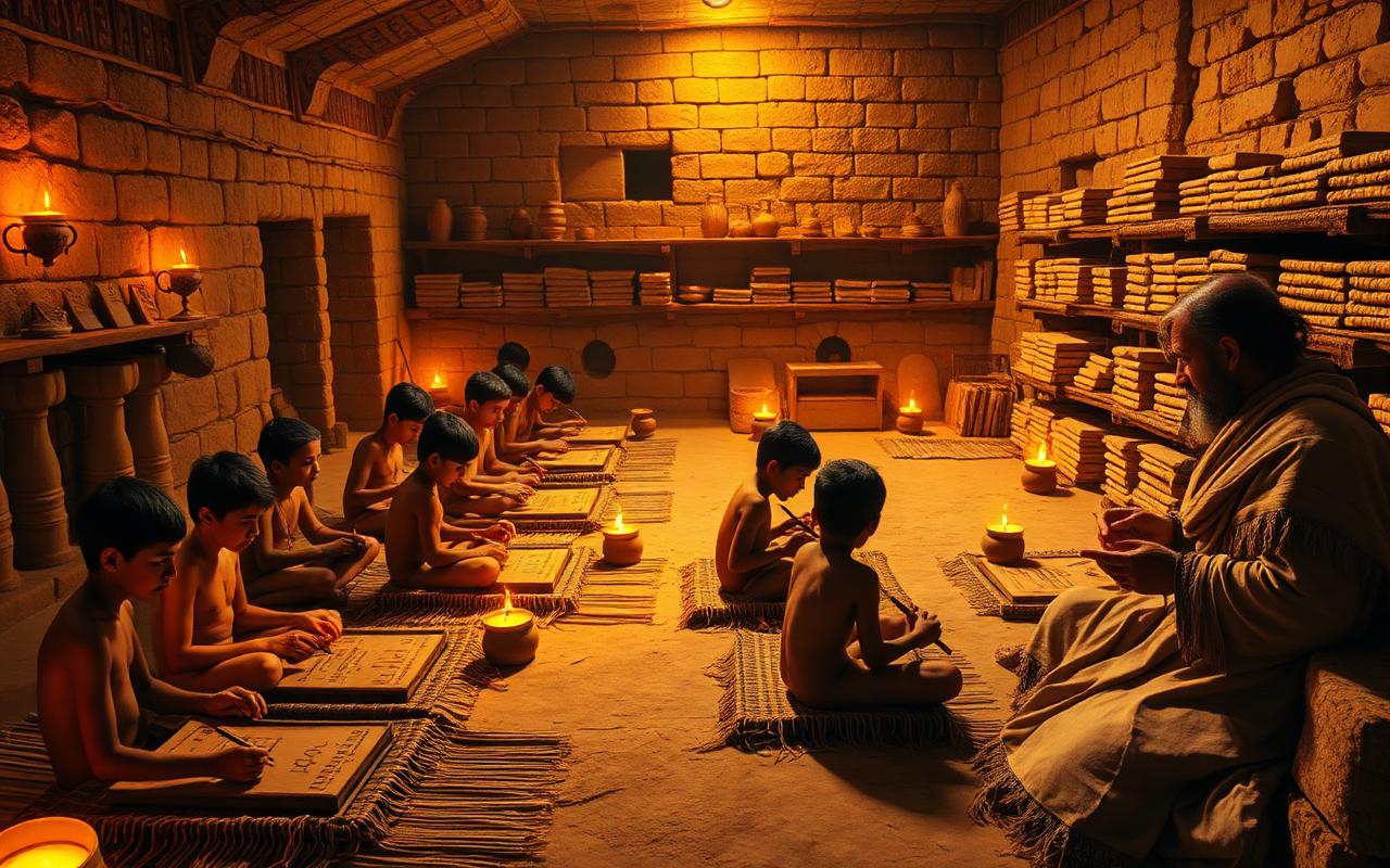 Interior of an รฉ-dub-ba scribal school: young scribes seated cross-legged pressing cuneiform into wet clay tablets by oil-lamp light, shelves of drying tablets, an older scribe-teacher reviewing work.