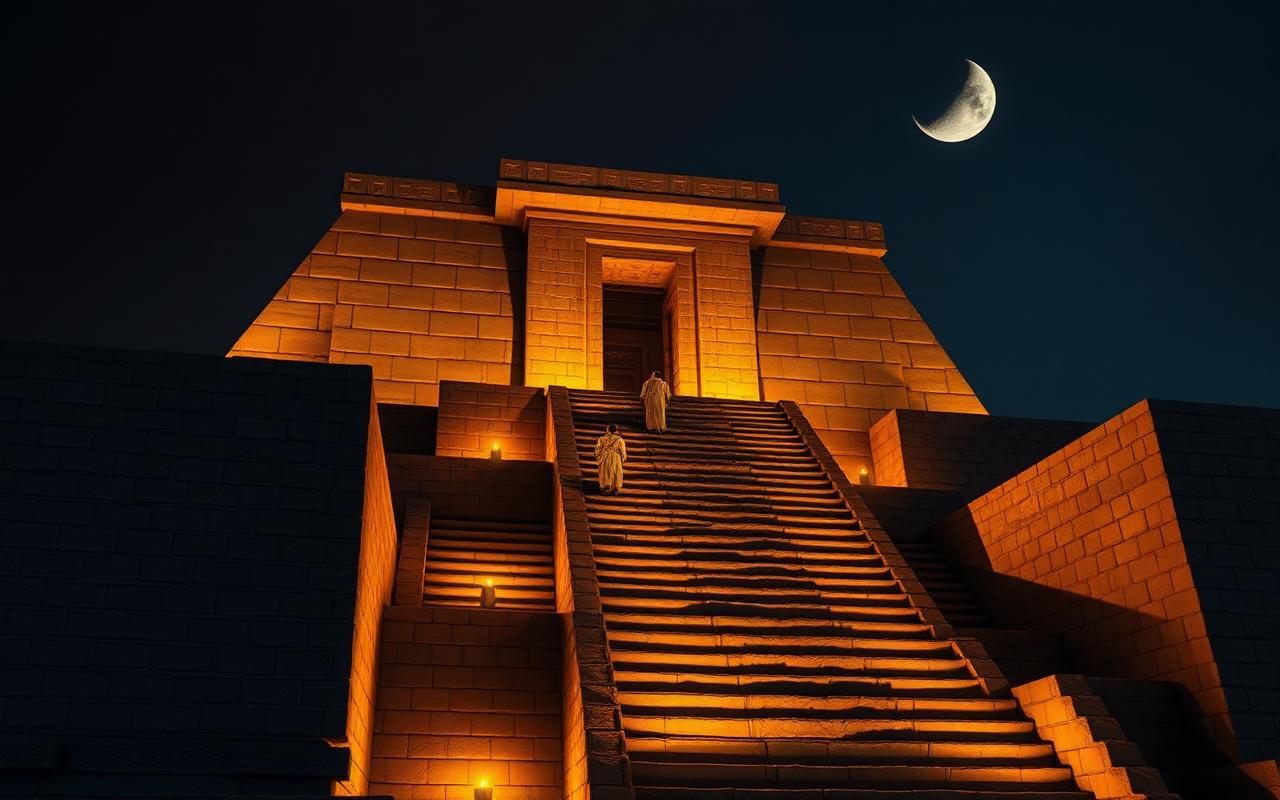 Detail view of the central staircase and gatehouse of the Great Ziggurat of Ur at night, torchlit, with a crescent moon above the upper shrine.